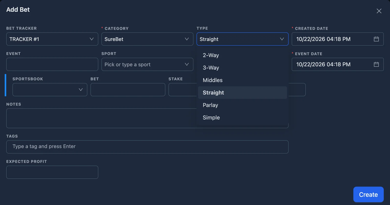 The Add dialog with Category SureBet and the Type list open