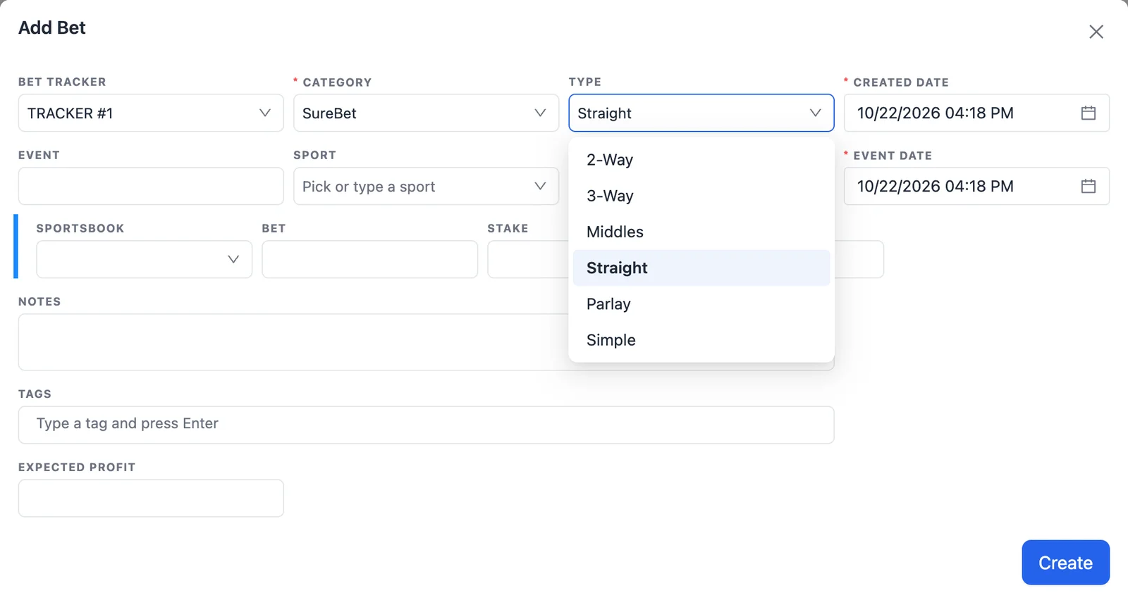 The Add dialog with Category SureBet and the Type list open