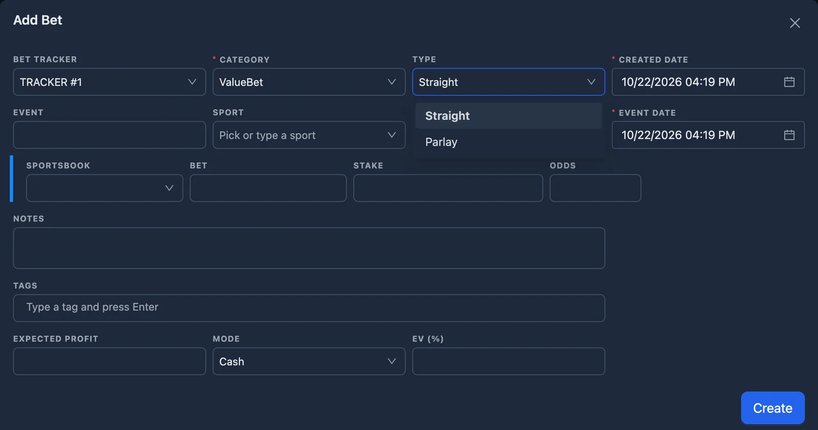 The Add dialog with Category ValueBet and the Type list open: Straight or Parlay