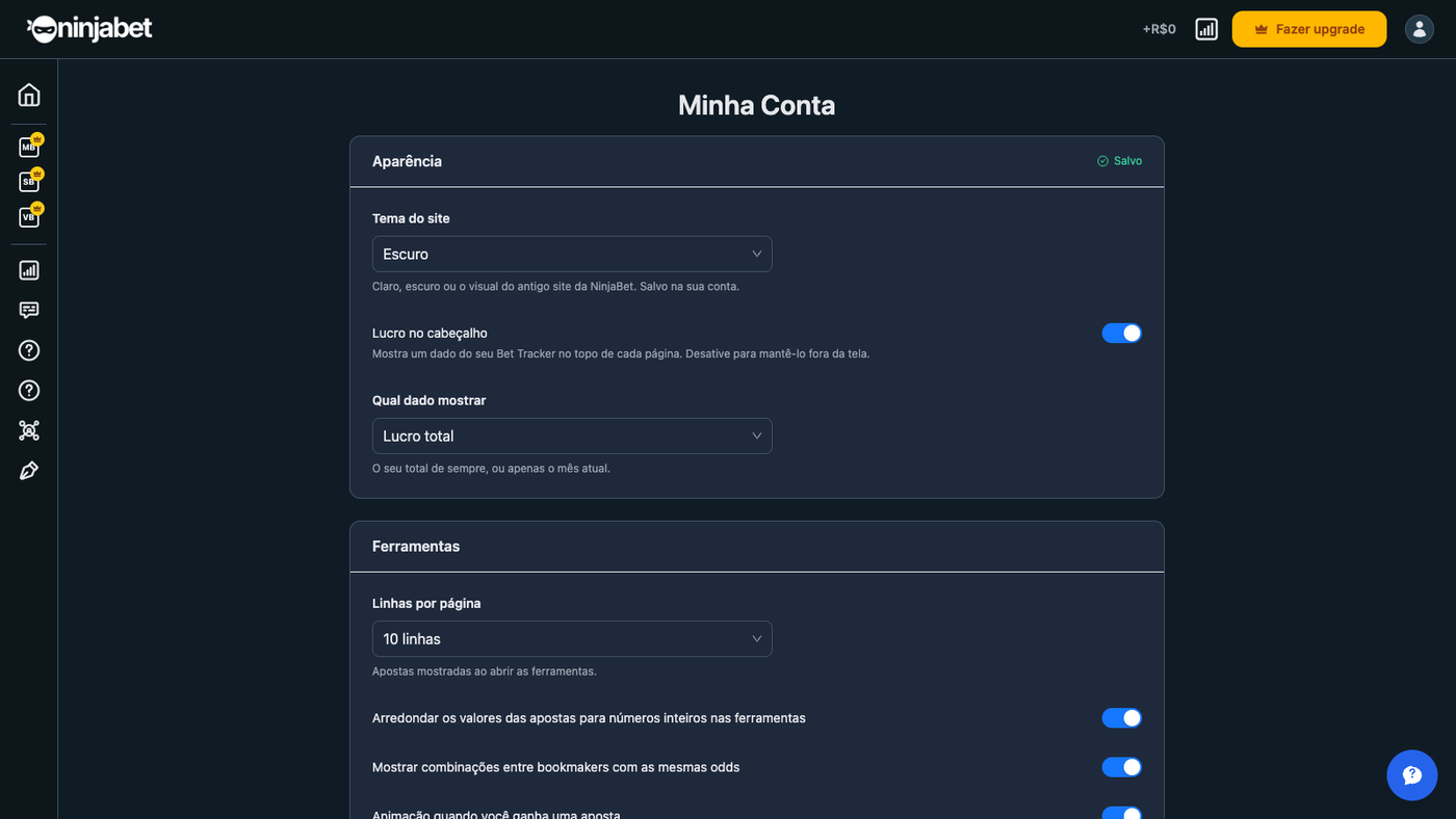 Configurações da conta: tema e preferências das ferramentas