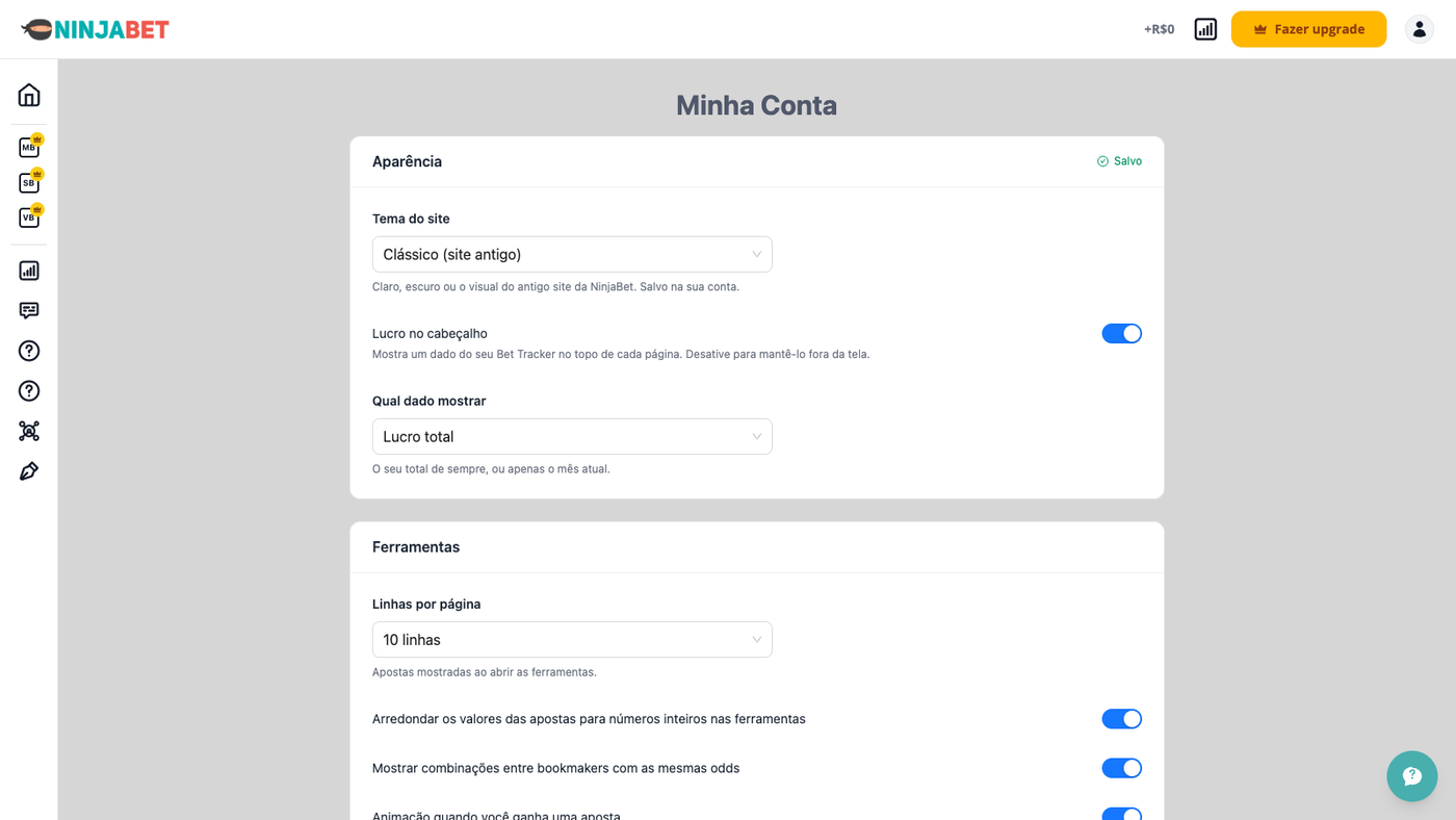 Configurações da conta: tema e preferências das ferramentas