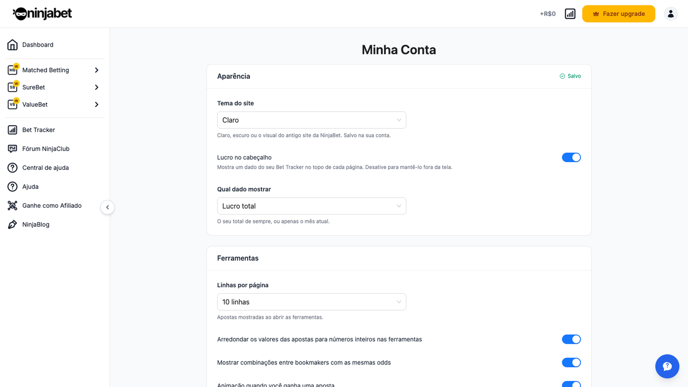 Configurações da conta: tema e preferências das ferramentas