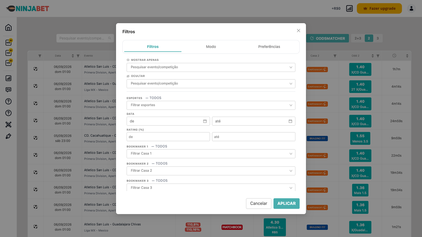 Filtros do Dutcher: evento, esporte, data, rating, casa e odd por aposta