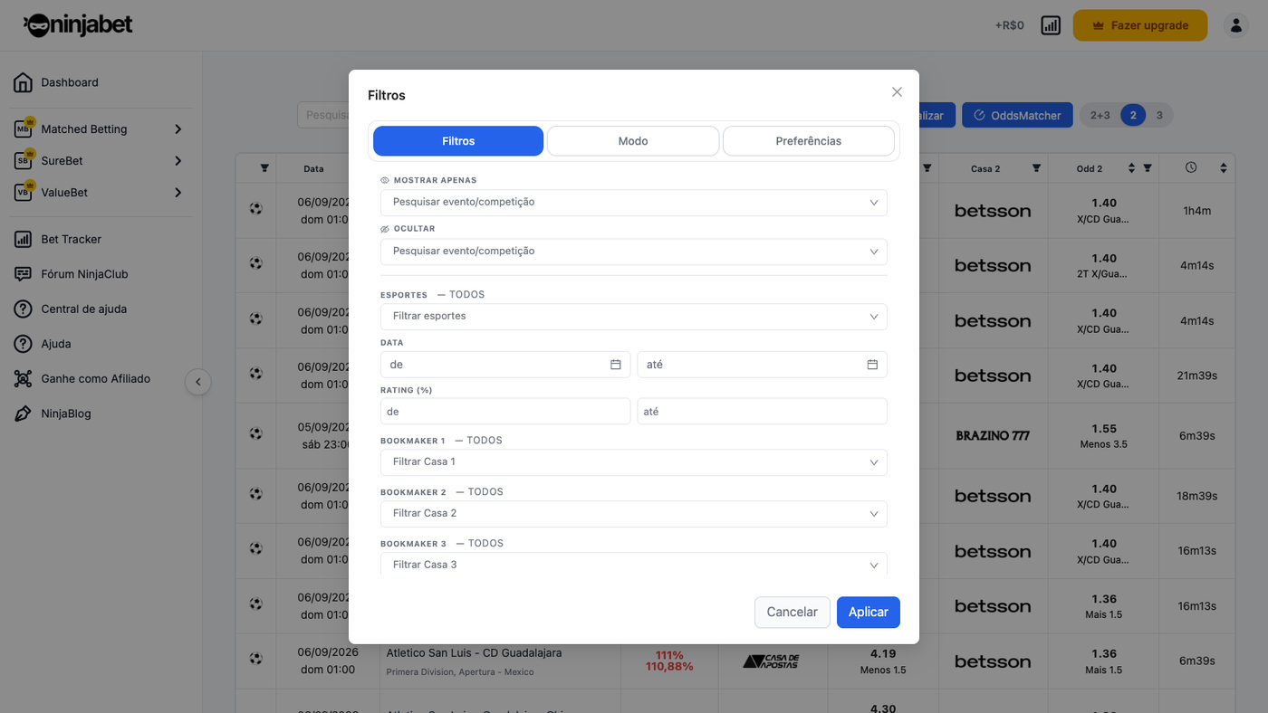Filtros do Dutcher: evento, esporte, data, rating, casa e odd por aposta