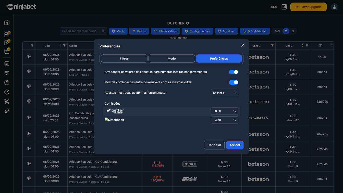 Preferências do Dutcher: agrupar odds iguais, linhas por página, comissões