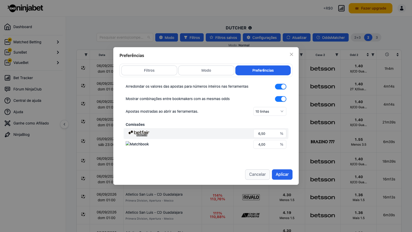 Preferências do Dutcher: agrupar odds iguais, linhas por página, comissões
