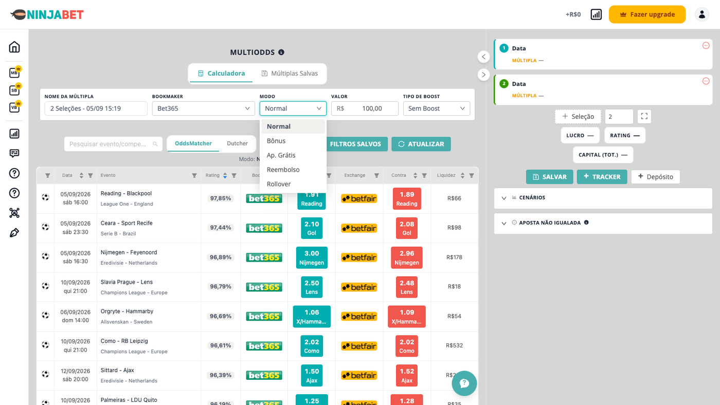 MultiOdds com os modos Dinheiro real, Bônus, Freebet, Reembolso e Rollover