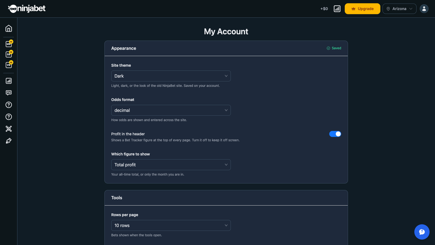 Account settings: site theme, odds format and tool preferences