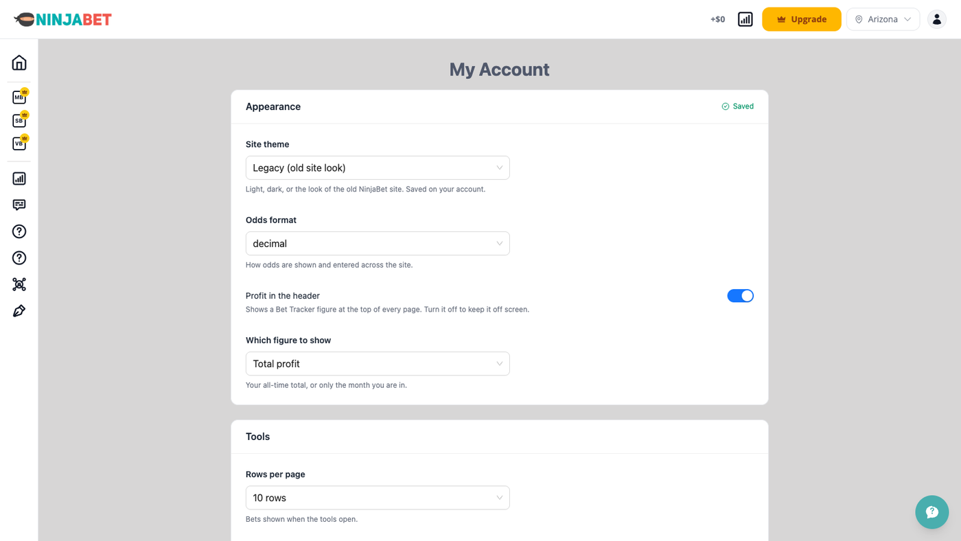 Account settings: site theme, odds format and tool preferences