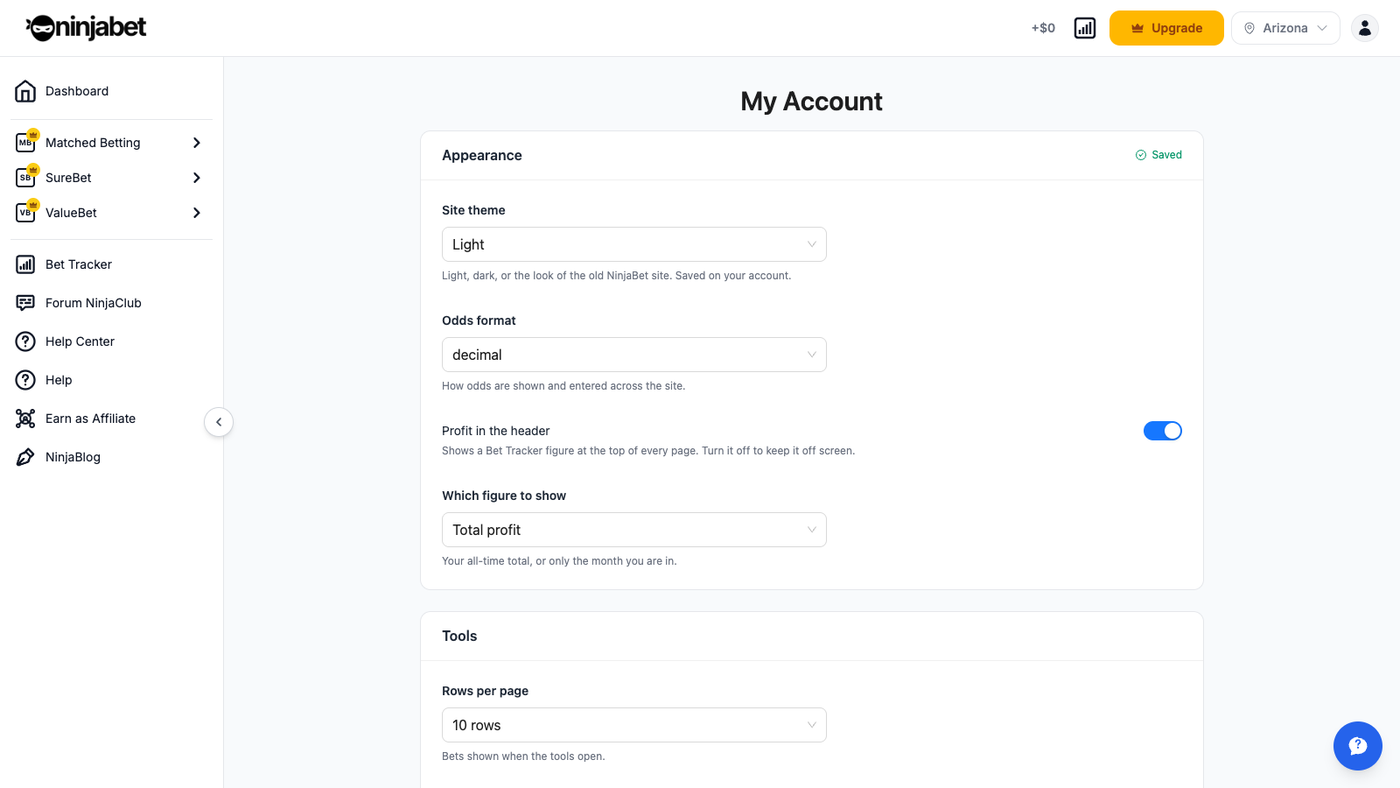 Account settings: site theme, odds format and tool preferences