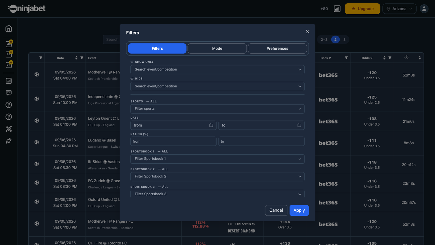Dutcher filters: event, sport, date, rating, sportsbook and odds per leg
