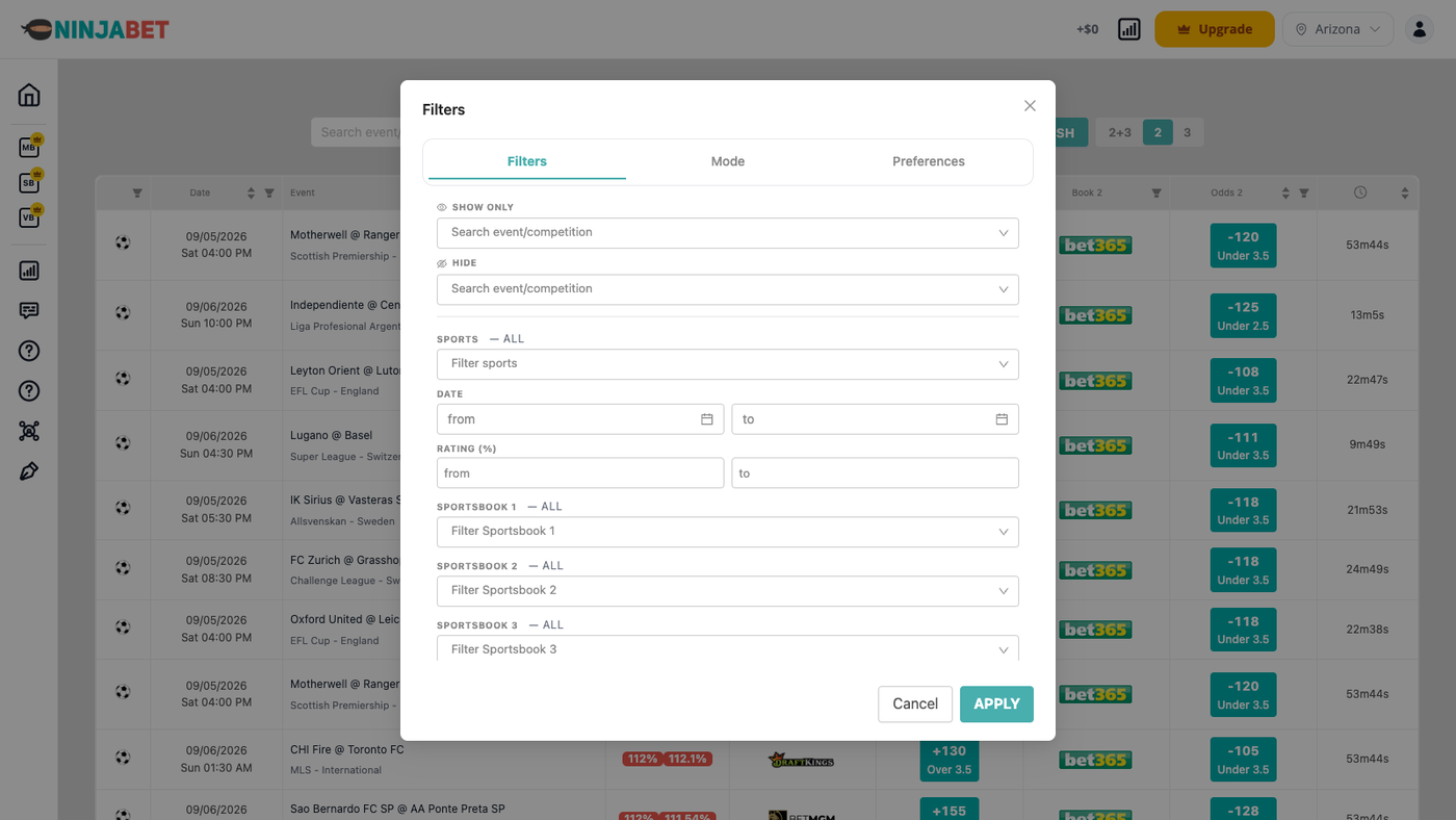 Dutcher filters: event, sport, date, rating, sportsbook and odds per leg