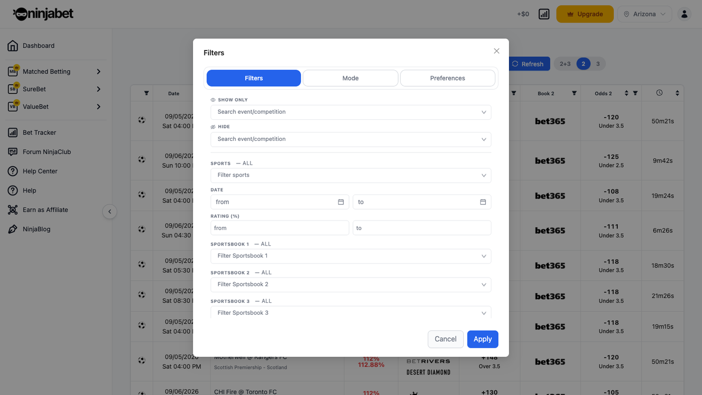 Dutcher filters: event, sport, date, rating, sportsbook and odds per leg