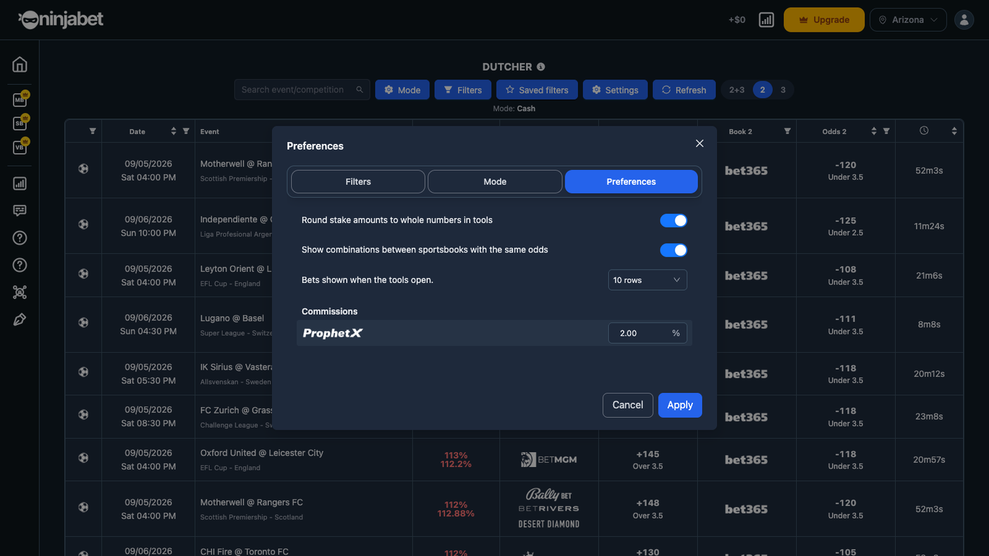 Dutcher preferences: same-odds grouping, rows per page, commissions