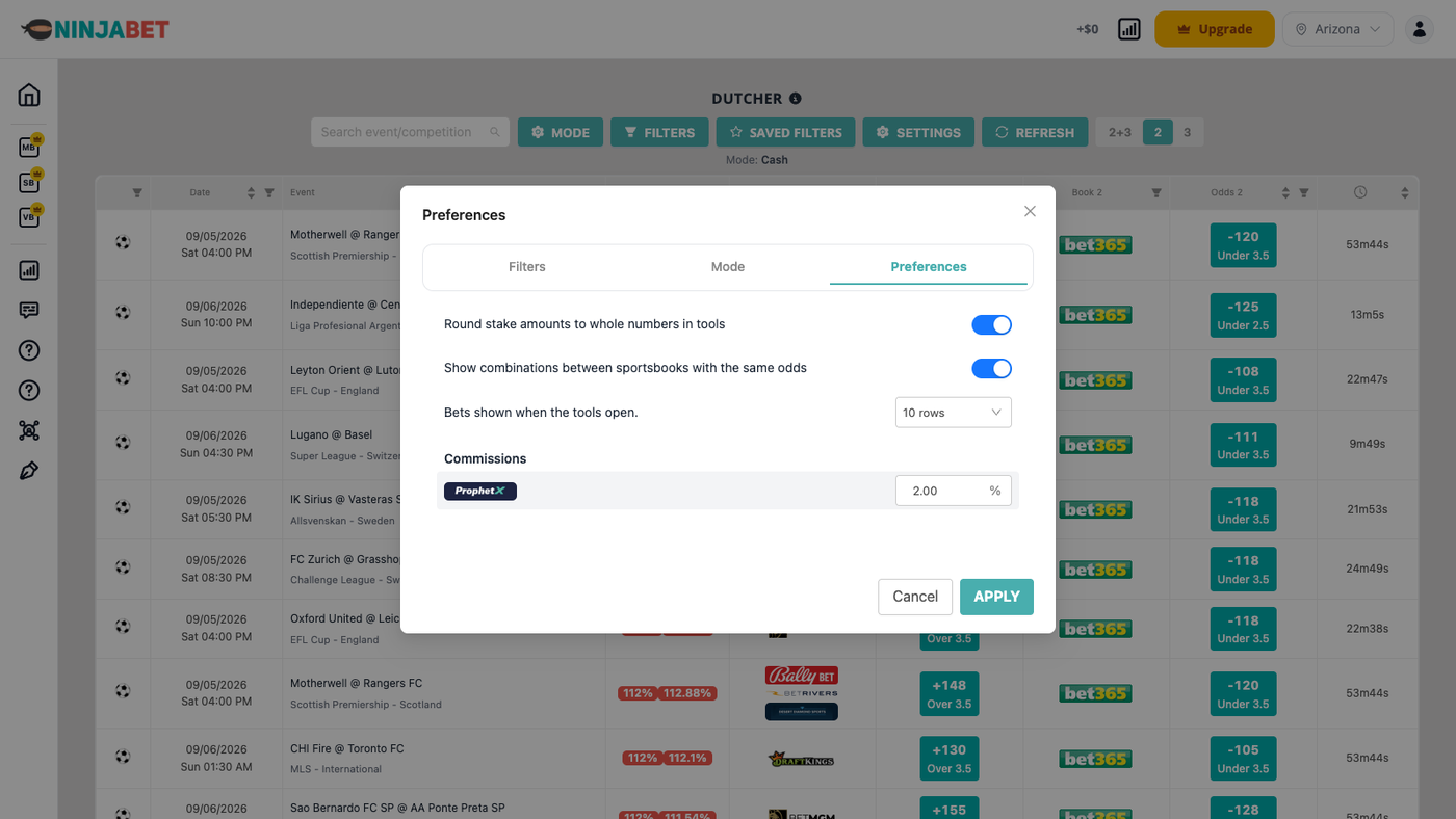 Dutcher preferences: same-odds grouping, rows per page, commissions