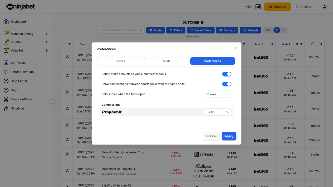 Dutcher preferences: same-odds grouping, rows per page, commissions