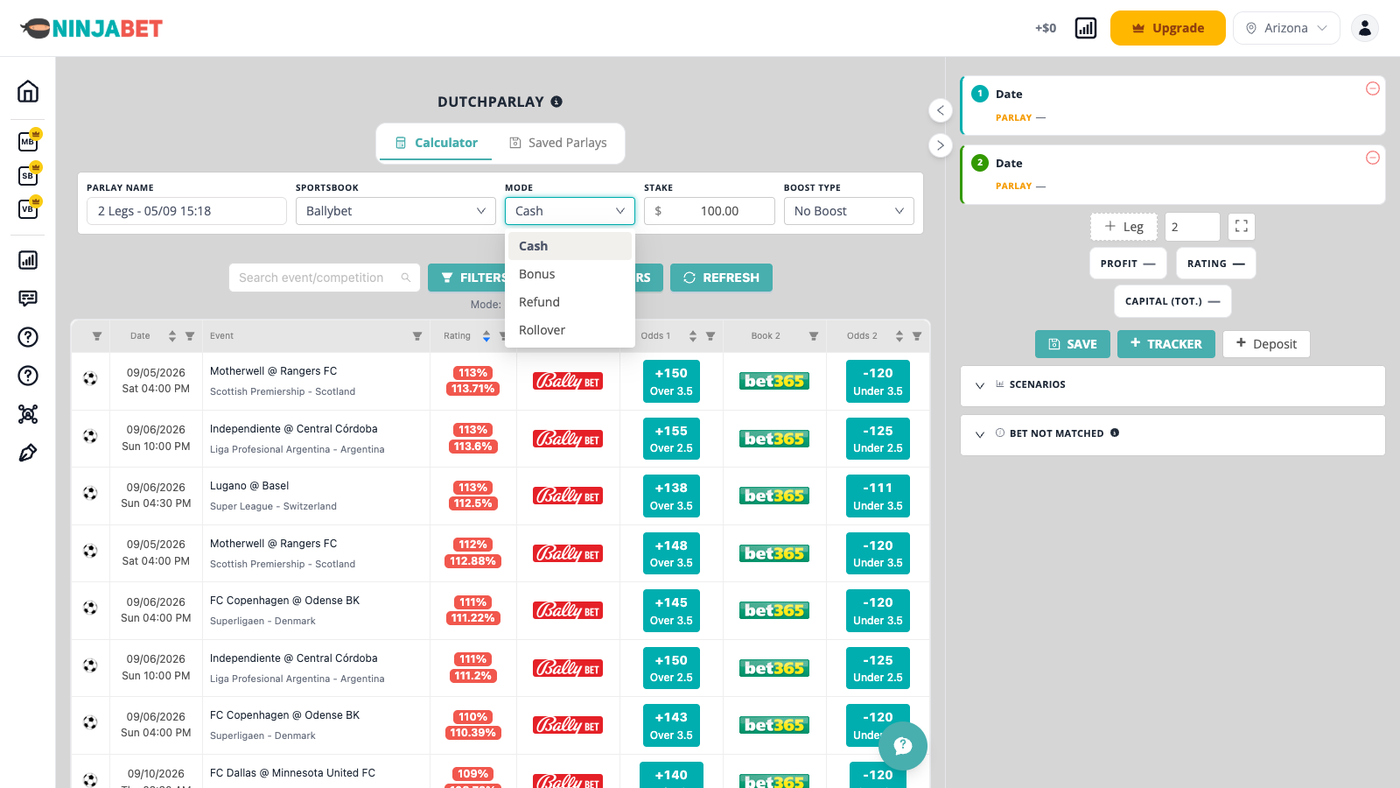 DutchParlay with the Cash, Bonus, Refund and Rollover modes
