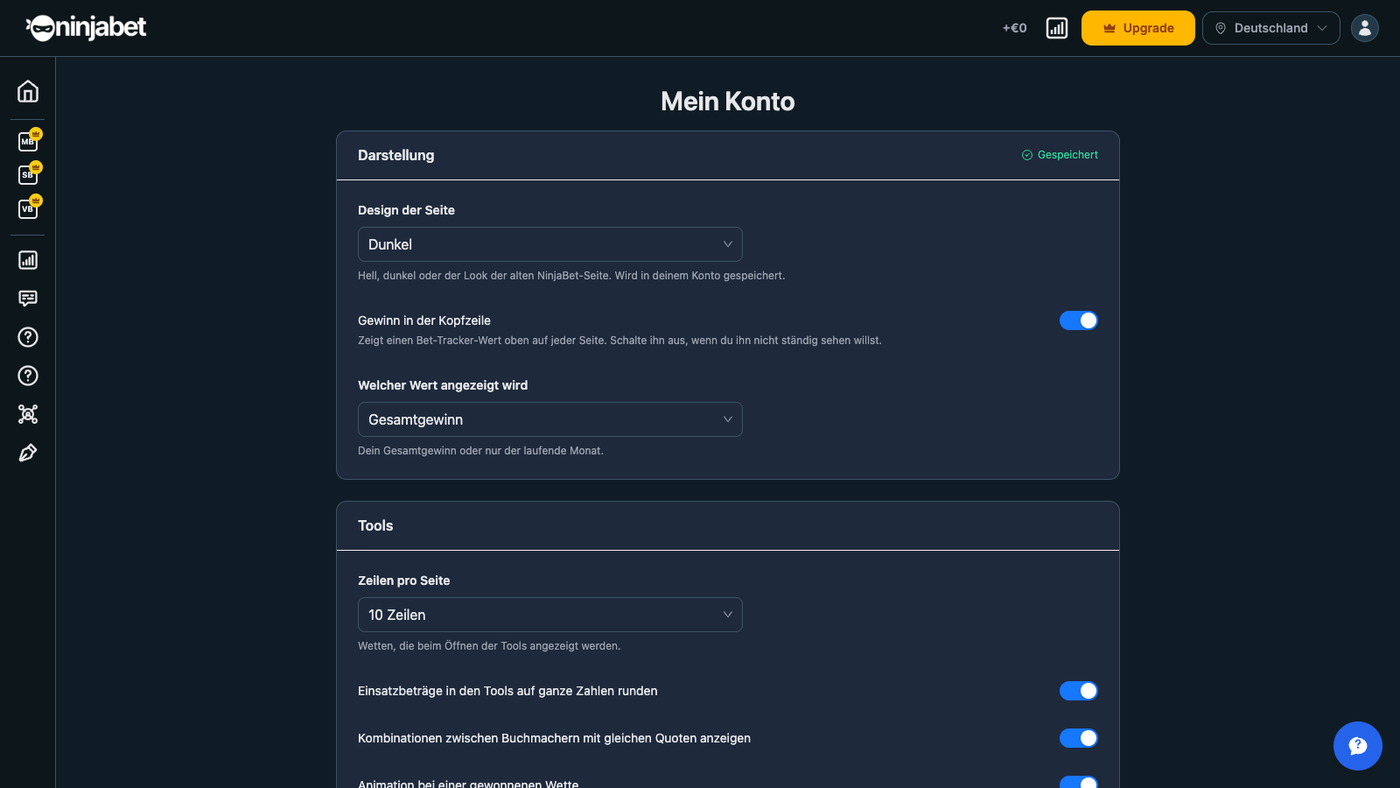 Kontoeinstellungen: Theme und Tool-Einstellungen