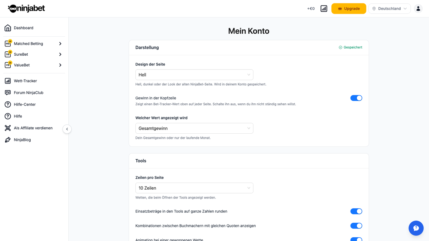 Kontoeinstellungen: Theme und Tool-Einstellungen