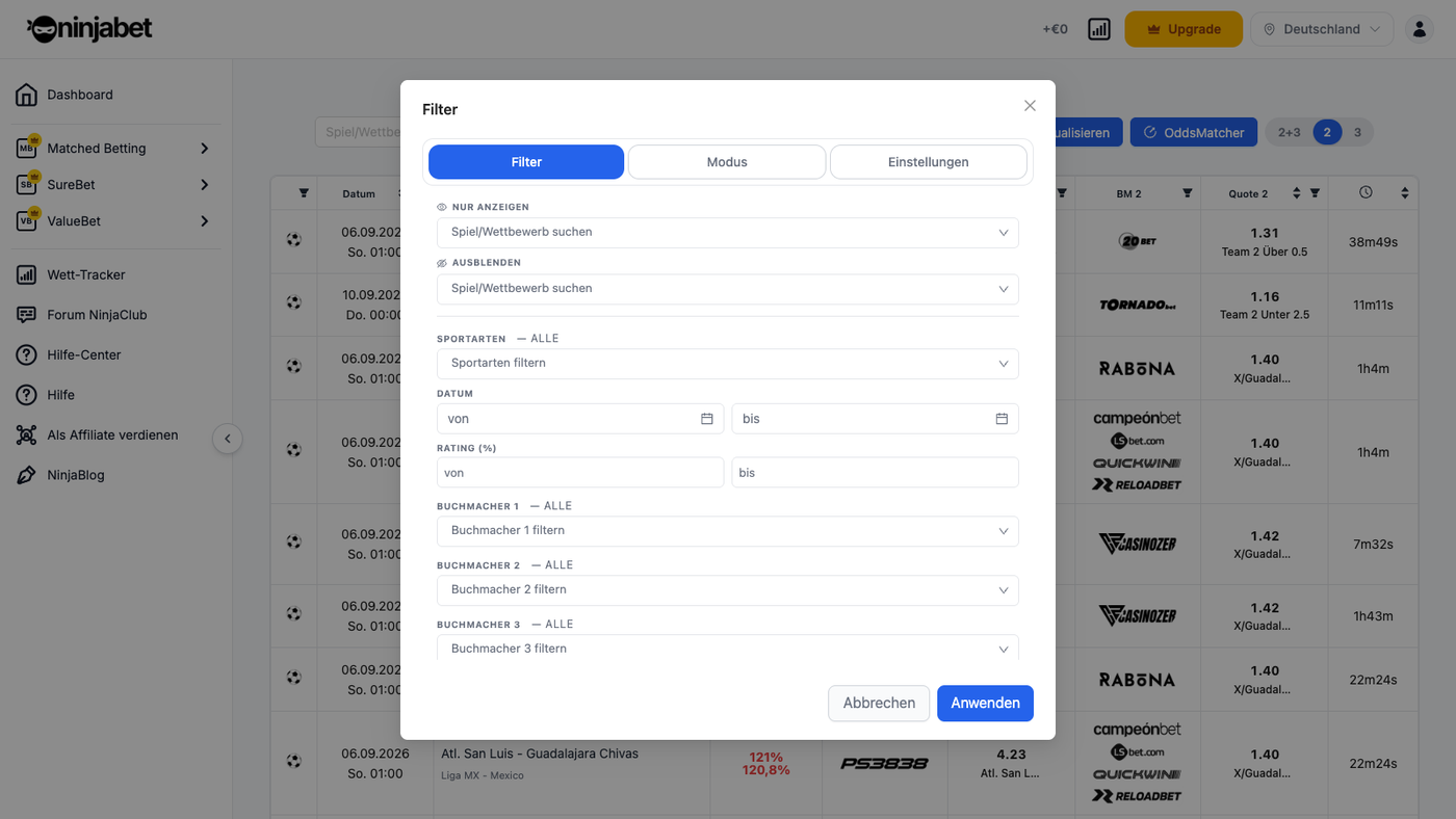 Dutcher-Filter: Event, Sportart, Datum, Rating, Buchmacher und Quote pro Wette