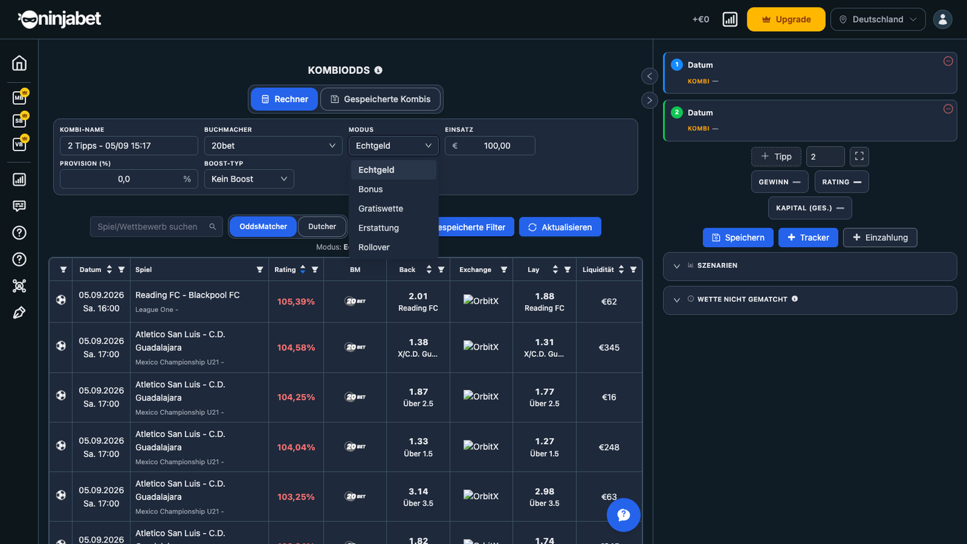 KombiOdds mit den Modi Echtgeld, Bonus, Freebet, Rückerstattung und Rollover