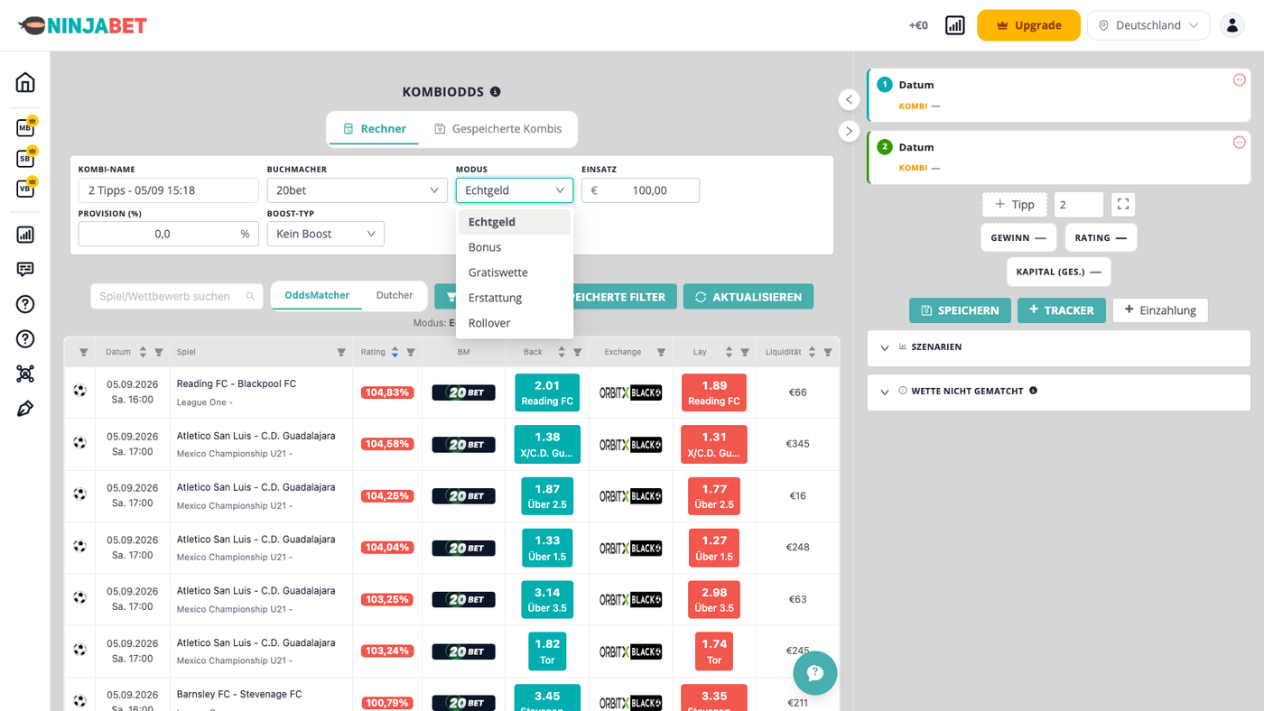 KombiOdds mit den Modi Echtgeld, Bonus, Freebet, Rückerstattung und Rollover