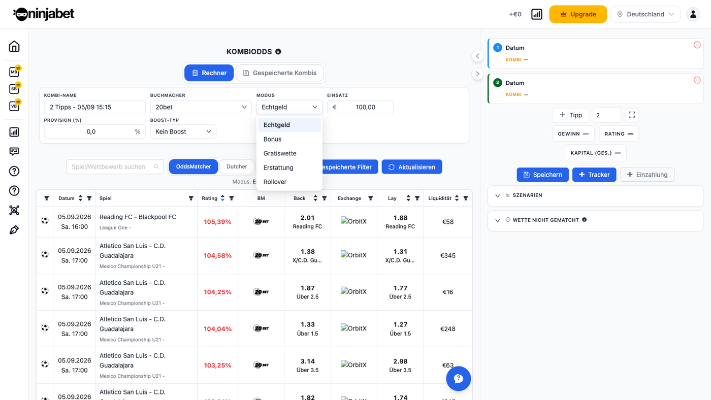 KombiOdds mit den Modi Echtgeld, Bonus, Freebet, Rückerstattung und Rollover