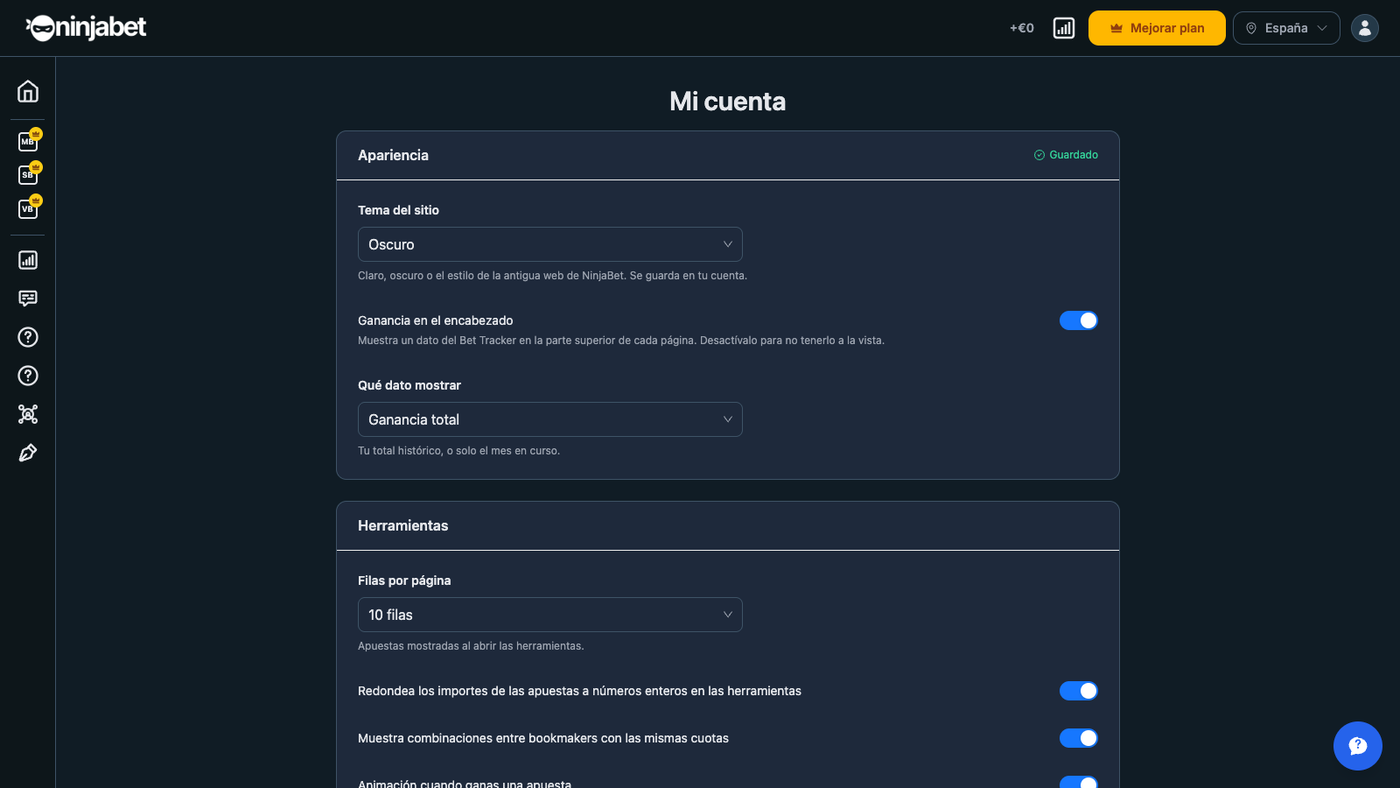 Configuración de la cuenta: tema y preferencias de las herramientas