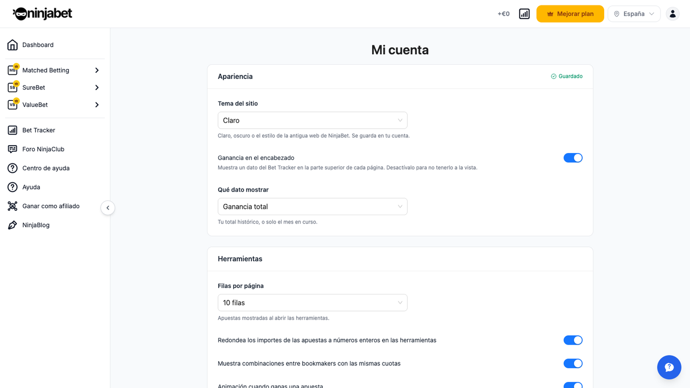Configuración de la cuenta: tema y preferencias de las herramientas