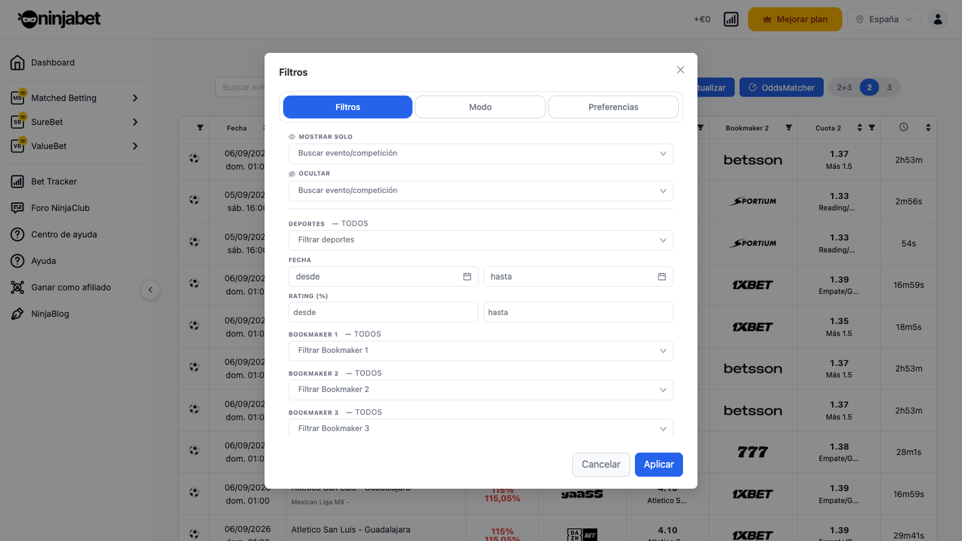 Filtros del Dutcher: evento, deporte, fecha, rating, casa y cuota por apuesta