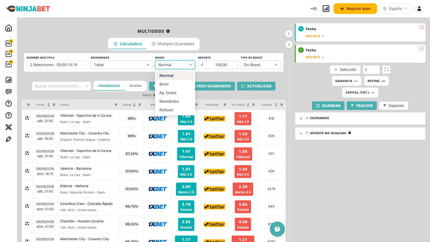 MultiOdds con los modos Dinero real, Bono, Freebet, Reembolso y Rollover