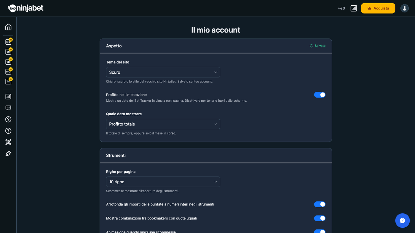 Impostazioni account: tema del sito e preferenze degli strumenti