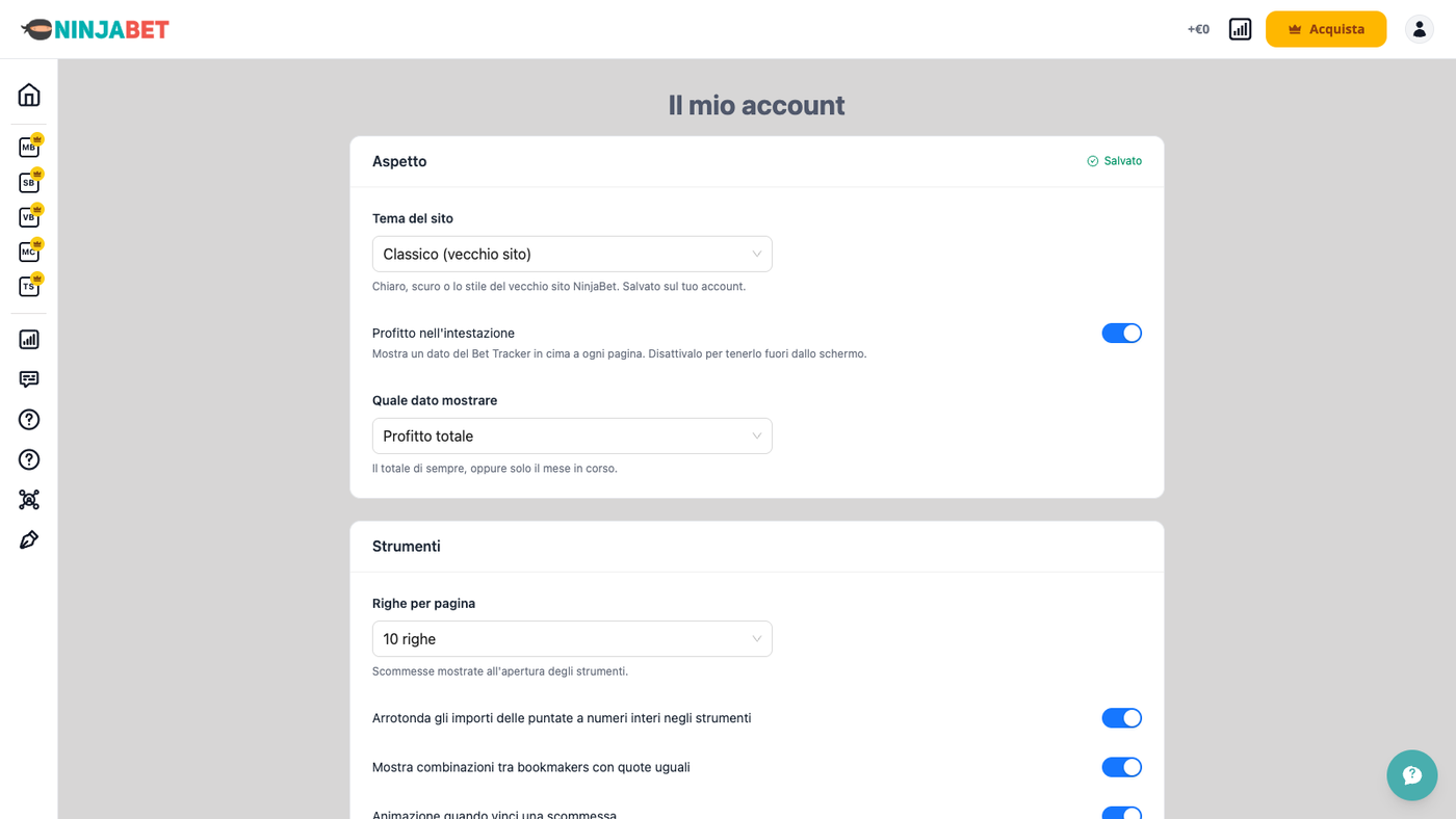Impostazioni account: tema del sito e preferenze degli strumenti