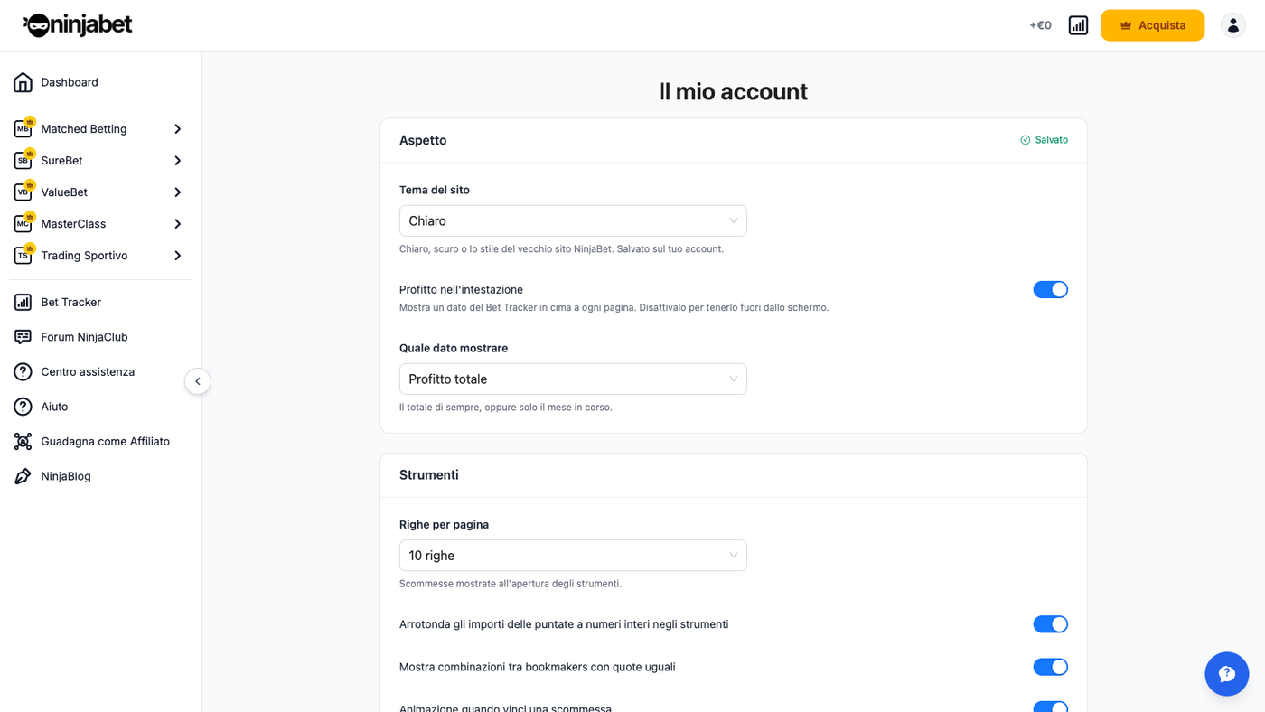Impostazioni account: tema del sito e preferenze degli strumenti