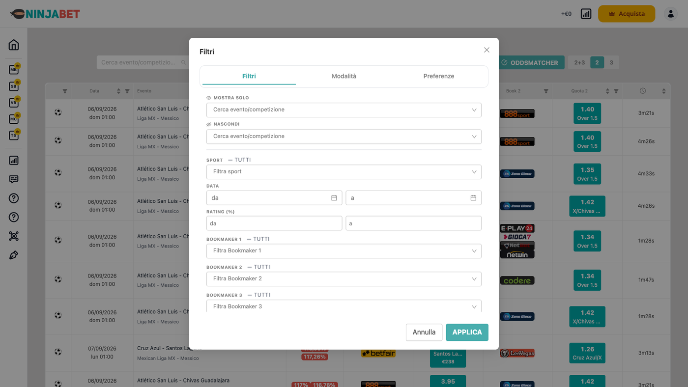 Filtri del Dutcher: evento, sport, data, rating, bookmaker e quota per scommessa