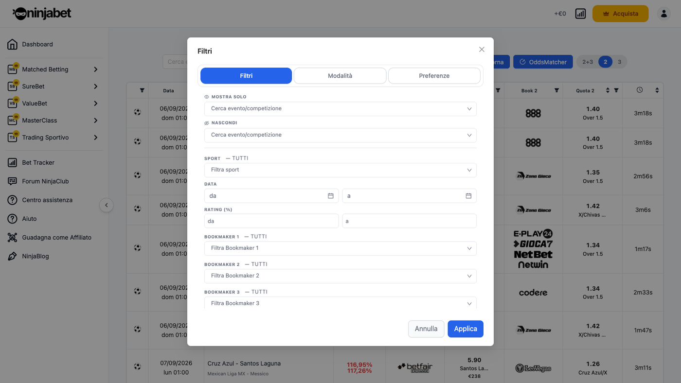 Filtri del Dutcher: evento, sport, data, rating, bookmaker e quota per scommessa