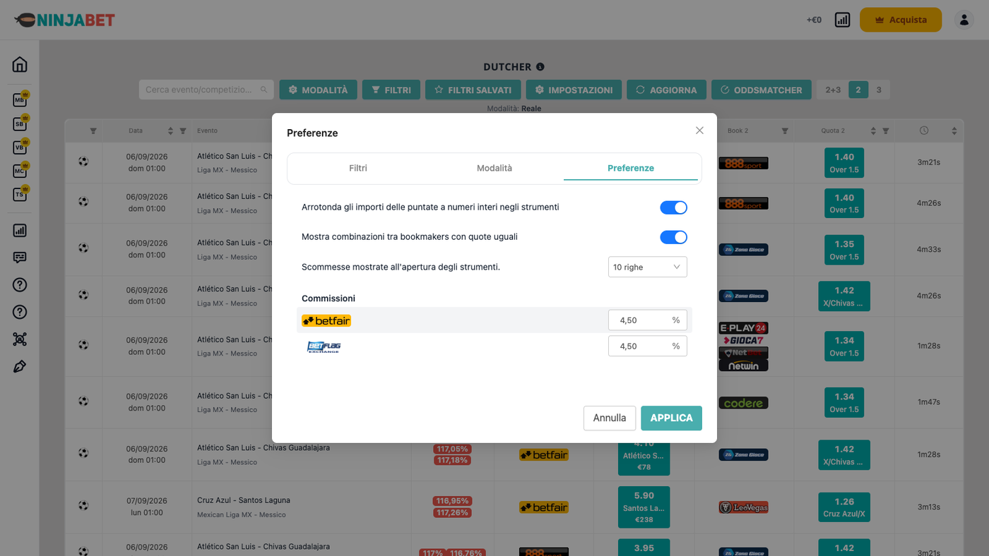 Preferenze del Dutcher: raggruppamento stesse quote, righe per pagina, commissioni
