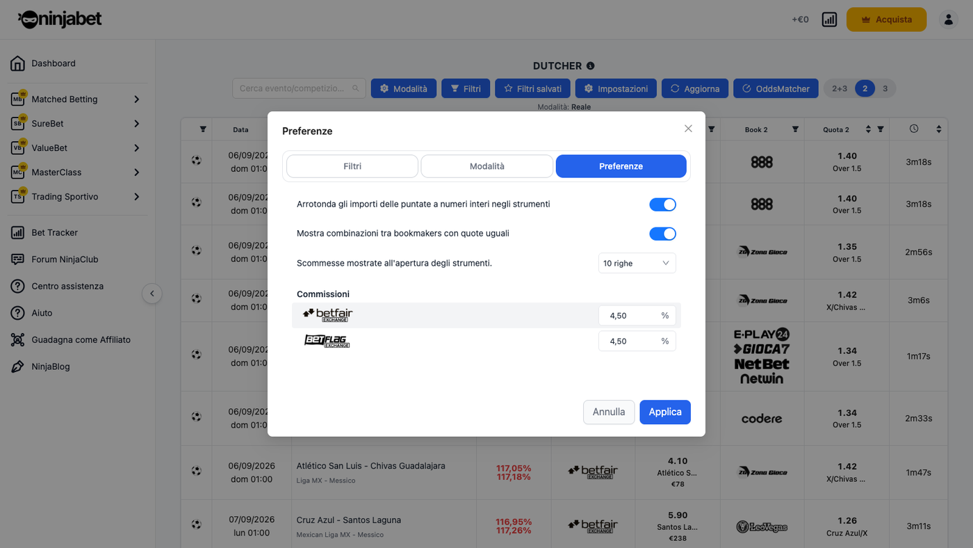 Preferenze del Dutcher: raggruppamento stesse quote, righe per pagina, commissioni