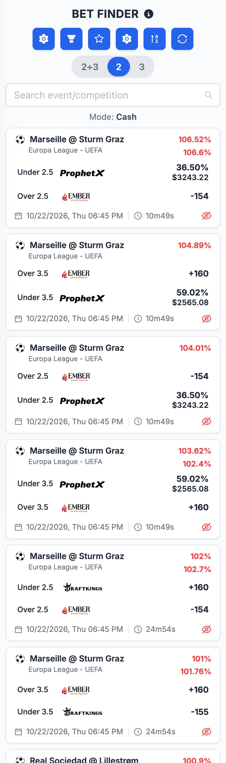 The Bet Finder table: sportsbook-to-sportsbook combinations with their rating, sportsbooks and odds
