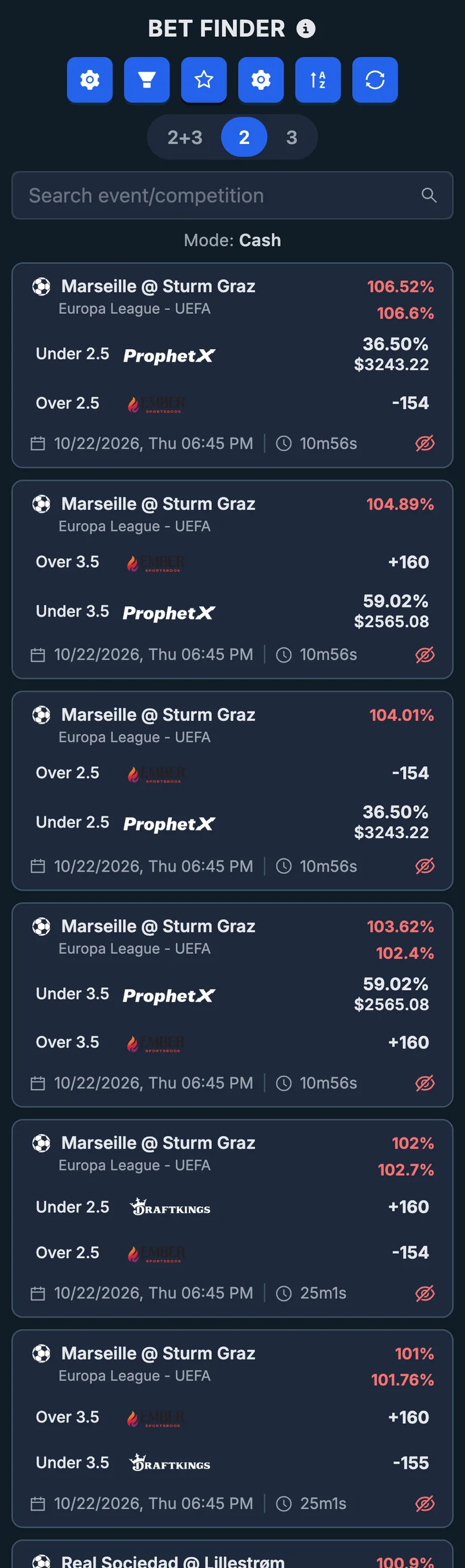 The Bet Finder table: sportsbook-to-sportsbook combinations with their rating, sportsbooks and odds