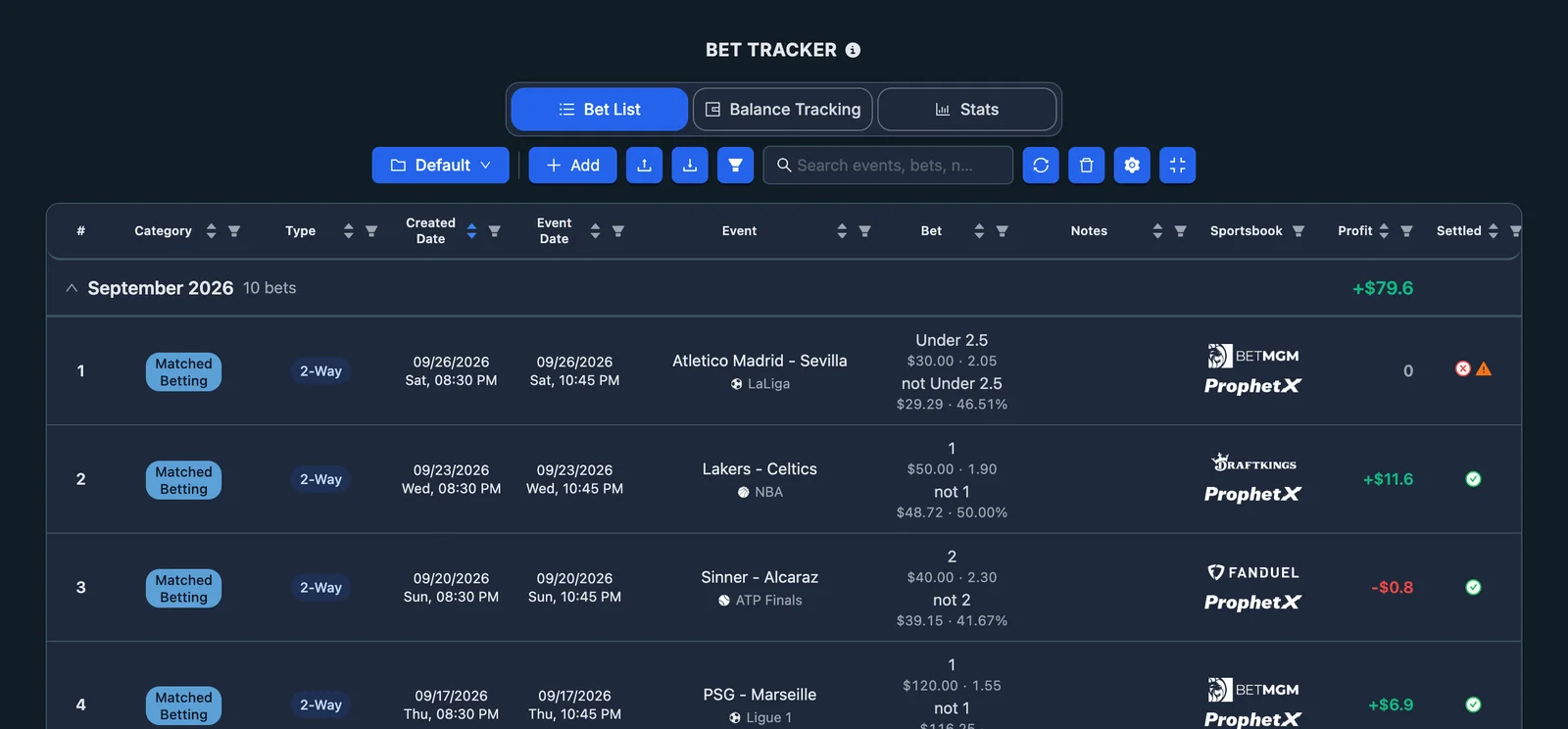 The Bet Tracker with its three tabs: Bets List, Balance Tracking and Stats