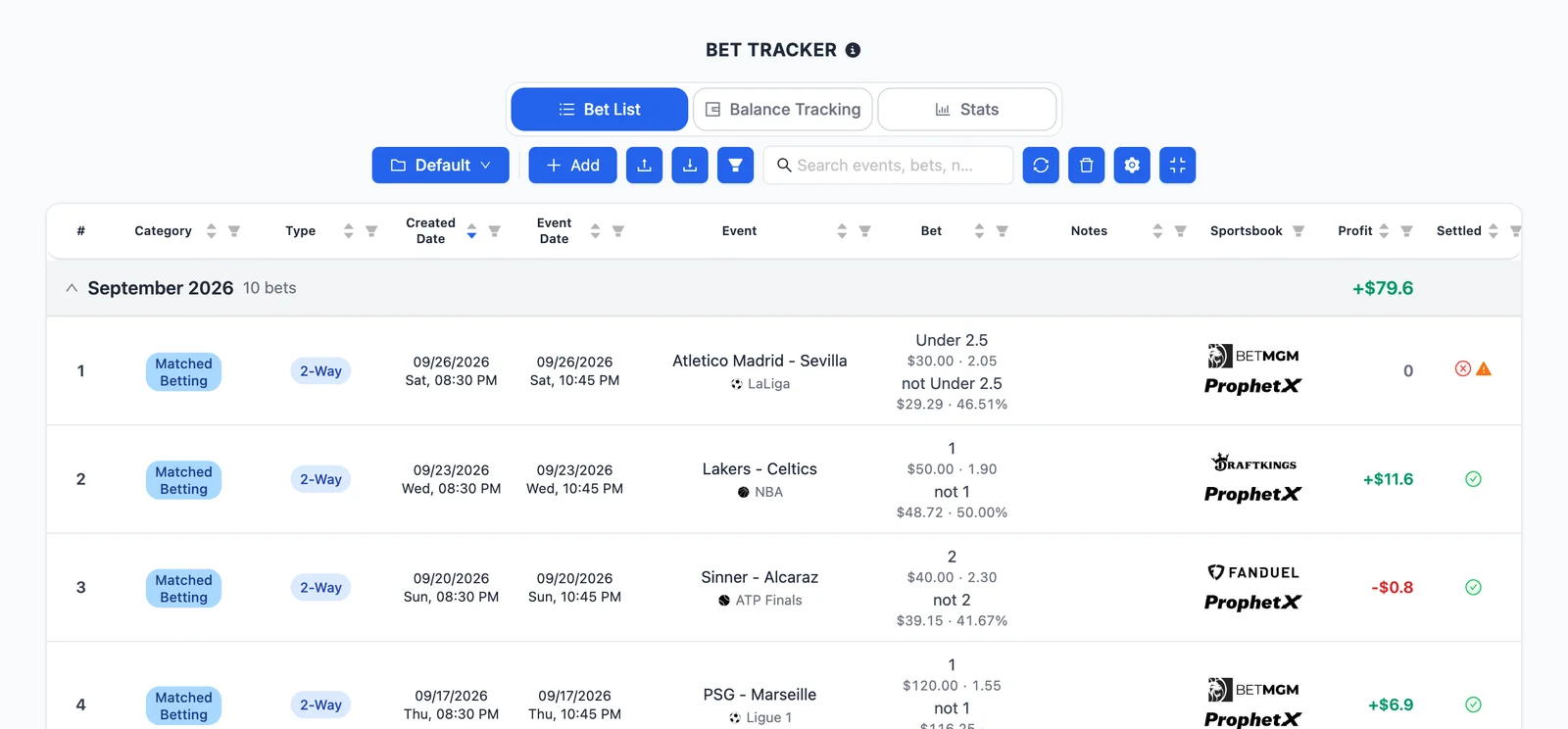 The Bet Tracker with its three tabs: Bets List, Balance Tracking and Stats
